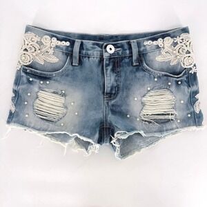 FB Sister Distressed Denim Shorts Lace Pearl Appliqué Romantic Western Cottage